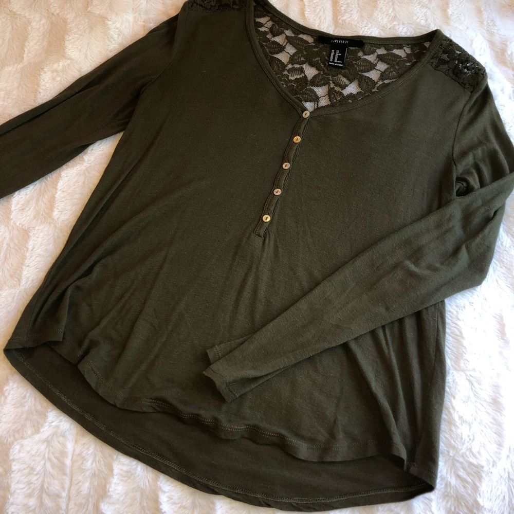 Olive Green Button Up Long Sleeve Henley Lace Back